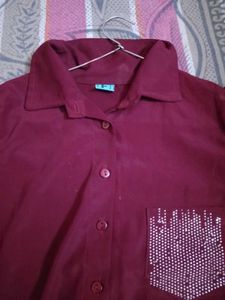 Burgundy Tie-Front Top with Sequin Pocket