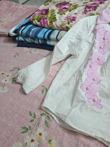White &amp; Pink Floral Embroidered shirt for ladies