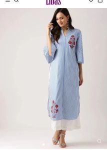 LIBAS Blue & White Striped Kurta with Floral Print