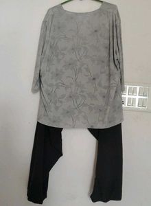 Gray Floral Print Kurta with Black Pants