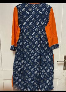 Navy &amp; Orange Floral Print Kurta