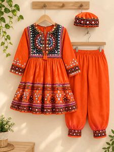 Embroidered Orange Kurta Set with Cap
