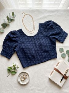 Navy Blue Embroidered Puff Sleeve Blouse