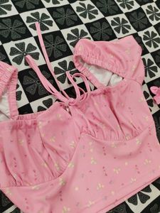 Pink Floral Puff Sleeve Crop Top