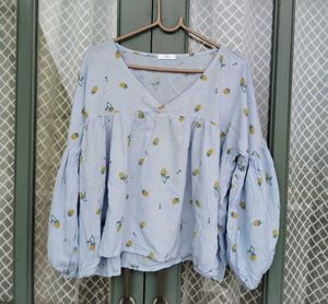 Cute Light Blue Fruit Print Blouse