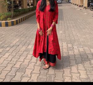 Red Printed Kurta with Black Palazzo