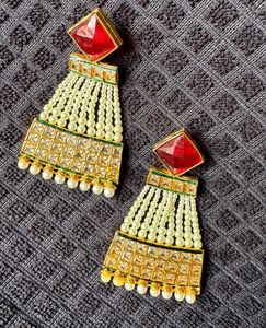 Red Stone &amp; Pearl Drop Earrings