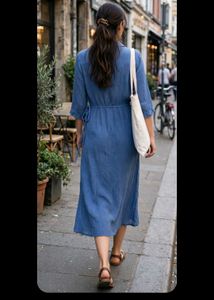 Blue Button-Front Midi Shirt Dress