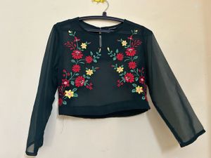 Sheer Embroidered Floral Crop Top