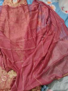 Embroidered fendi silk suit 4 side lace dupatta
