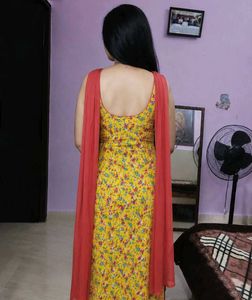 Beautiful Yellow Floral Kurta Set with Red Dupatta