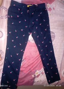 Cute Cherry Print Dark Blue Pants