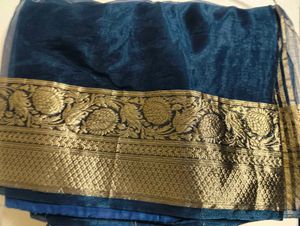 Elegant Blue & Gold Sari Fabric