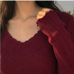 Maroon ribbed V-neck long sleeve top