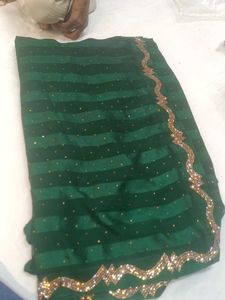 Emerald Green Striped Saree with Embellished Borde