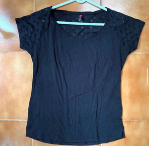 Chic Black T-Shirt with Sheer Sleeves and Back