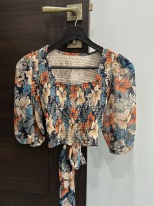 Floral Smocked Crop Top with Tie Detail