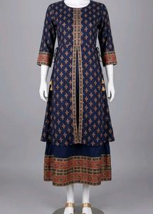 Navy Blue Layered Geometric Print Kurti