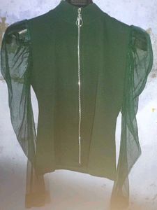 Chic Zipper Front Top with Sheer Sleeves