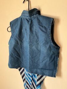 Blue Striped Sleeveless Denim Collar Top