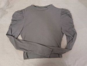 Grey Puff Sleeve Ribbed Top