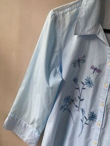 Light Blue Striped Dragonfly &amp; Flower Blouse