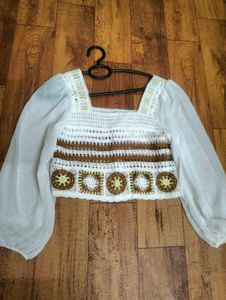 Boho😍 Crochet Crop Top with Sheer Sleeves