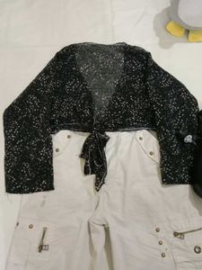 Sheer Black &amp; White Star Print Tie Front Top