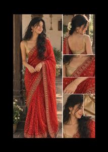 Gorgeous Red & Gold Embroidered Net Saree