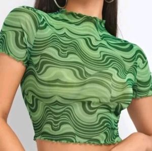 Green Patterned Mesh Crop Top