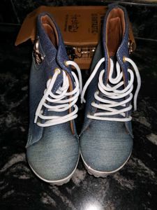 Denim Lace-Up Heeled Ankle Boots