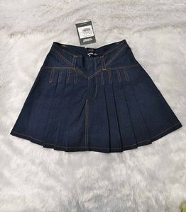 Dark Wash Pleated Denim Mini Skirt