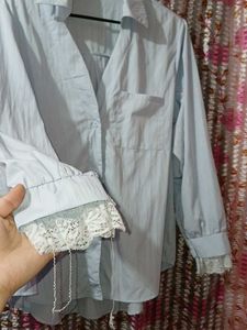 Light Blue  Button-Up Shirt with Lace Cuff