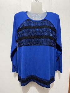 Blue Lace Detail Long Sleeve Top