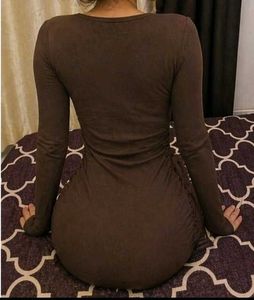 Chic Brown Long Sleeve Ruched Dress
