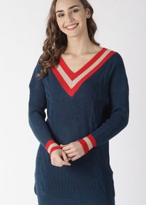 Navy Blue and Red Solid Pullover sweater