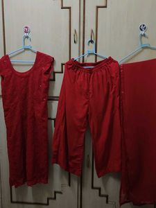 Red Kurta Set with Palazzo &amp; Dupatta