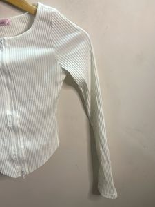 White Ribbed Zip-Up Long Sleeve Top