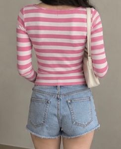 Pink and White Striped V-Neck Top