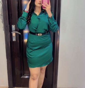 Elegant Green Satin Shirt Dress