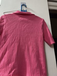 Pink Ribbed Knit Button-Up Top