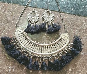black Silver Necklace & Earrings Set