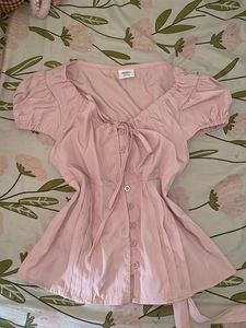 Cute Pink Puff Sleeve Tie-Front Top