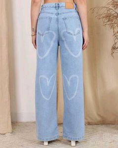 Shein Light Wash Heart Print Wide Leg Jeans