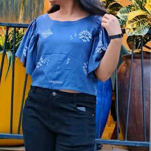 Navy Blue Ethnic Print Blouse