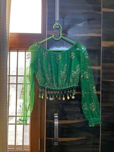 Green Sequin Crop Top with Coin Trim