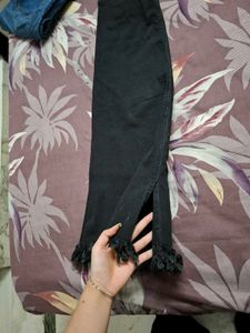 Denim Maxi Skirt with Fringe Hem