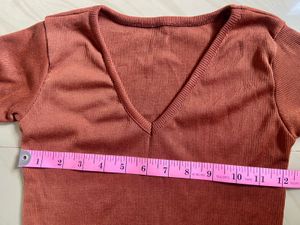 Brown Ribbed V-Neck Long Sleeve Top
