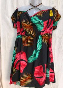 3129. Tropical Print Off-Shoulder Mini Dress
