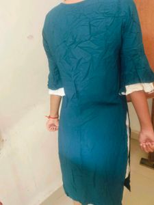 Blue And White Kurti Cheed Moti Work